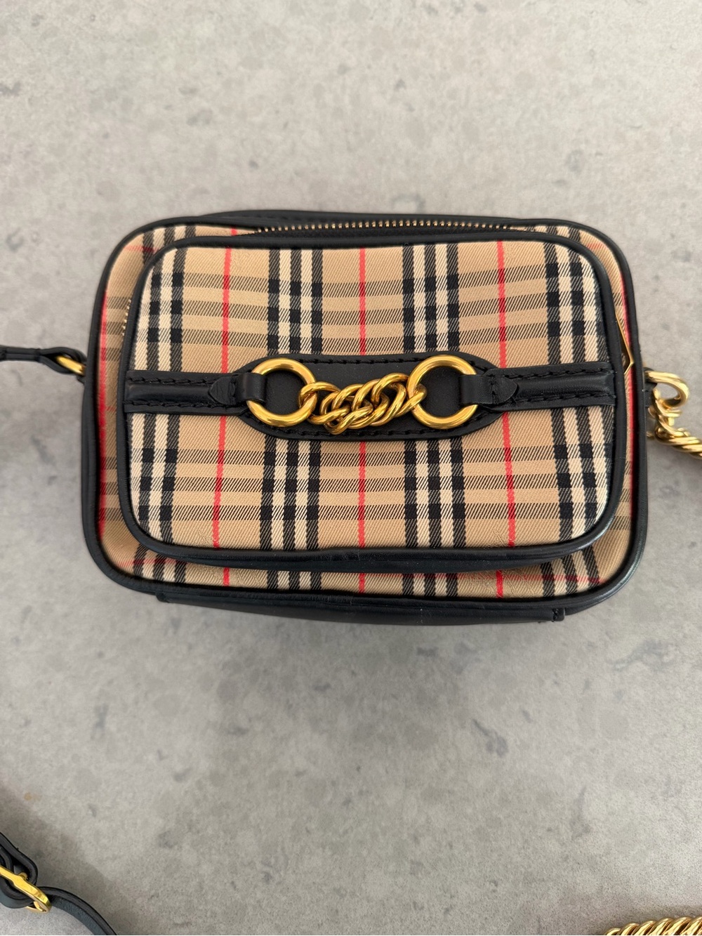 Burberry -Plaid Crossbody Bag in Beige and Black thick gold chain